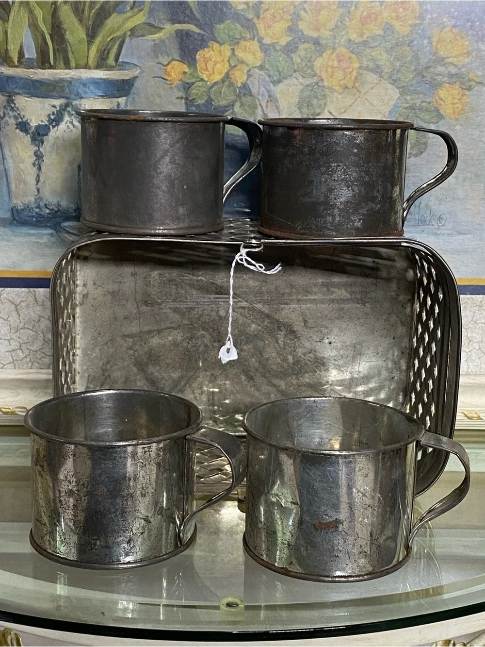 Vintage Silver Plated Metal Woven Basket W/ Handle and Mugs.